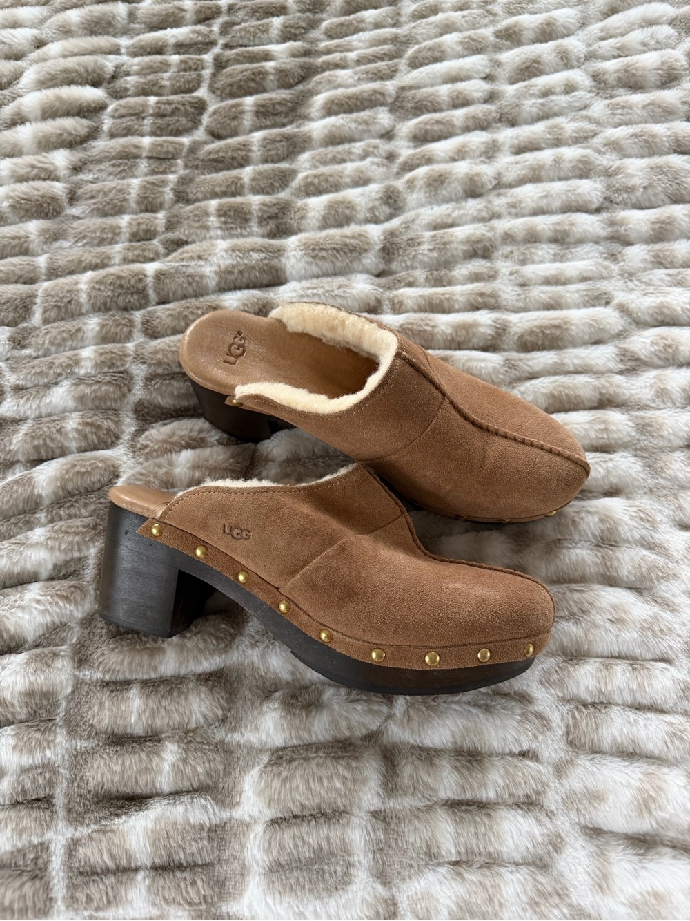 UGG Brown Suede Shearling-Lined Clog Heels